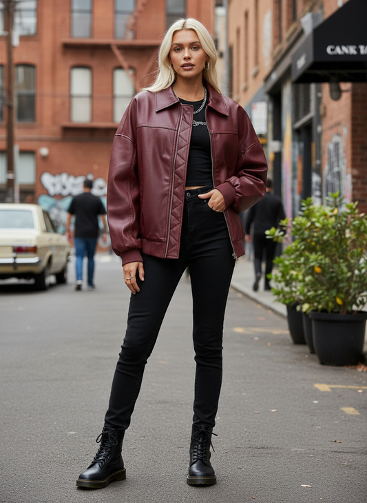 Bordeauxrode bomberjas streetstyle