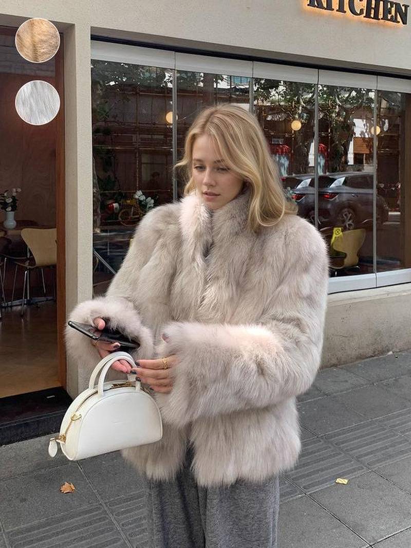 Elevate Your Winter Wardrobe with Our Chic Women's Faux Fox Fur Coat - Stand Collar, Long Sleeve, and Cozy H-Line Cut for Effortless Style