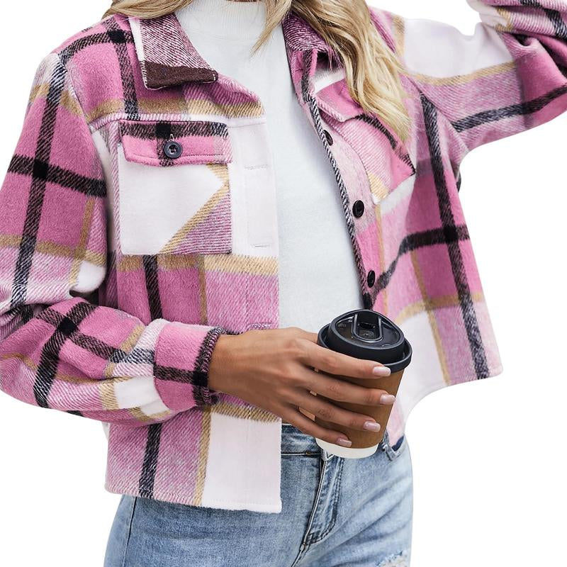 Trendy Cropped Plaid Shacket for Women - Fashion-Forward Button-Down Jacket for Fall 2025