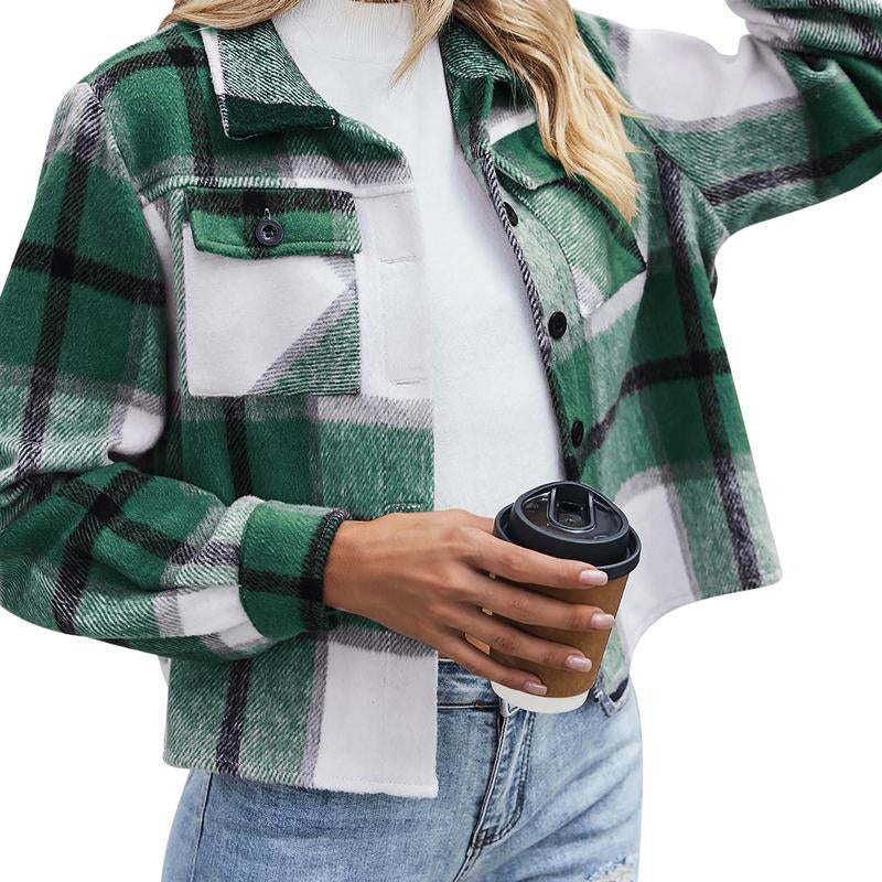 Trendy Cropped Plaid Shacket for Women - Fashion-Forward Button-Down Jacket for Fall 2025