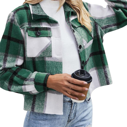Trendy Cropped Plaid Shacket for Women - Fashion-Forward Button-Down Jacket for Fall 2025