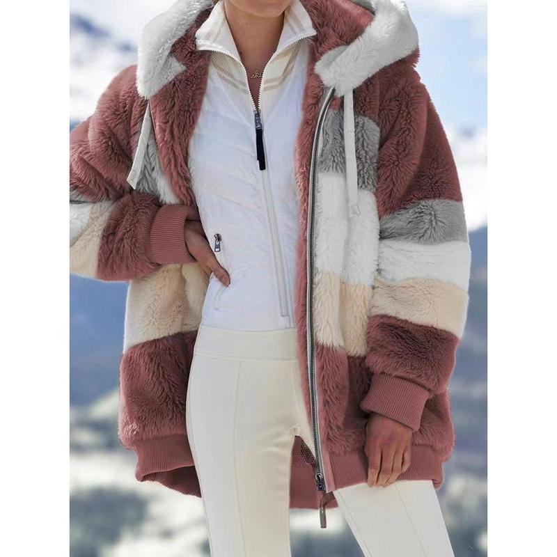 2021 Autumn Winter Warm Plush Patchwork Zipper Pocket Hooded Loose Coat for Women