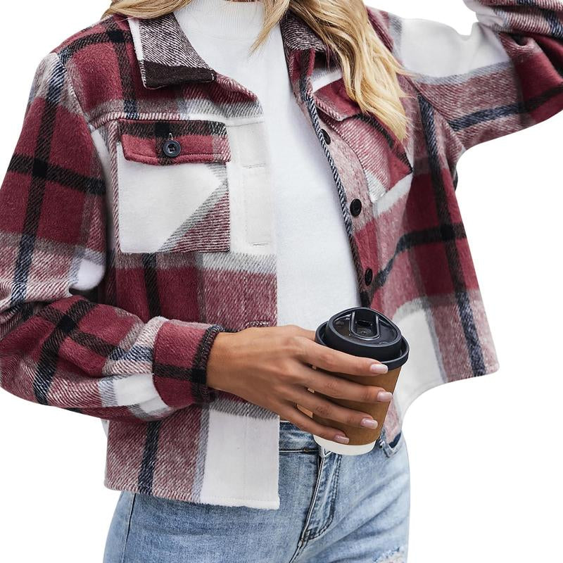Trendy Cropped Plaid Shacket for Women - Fashion-Forward Button-Down Jacket for Fall 2025