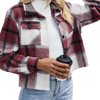 Trendy Cropped Plaid Shacket for Women - Fashion-Forward Button-Down Jacket for Fall 2025