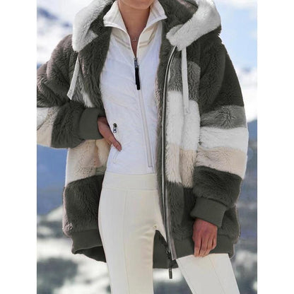 2021 Autumn Winter Warm Plush Patchwork Zipper Pocket Hooded Loose Coat for Women