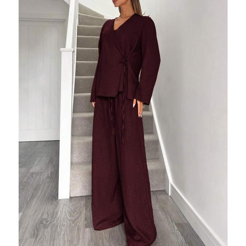 Elevate Your Office Style with Our Chic Wine Red Two-Piece Blazer and Pants Set for Women - Perfect for Autumn and Family Matching!