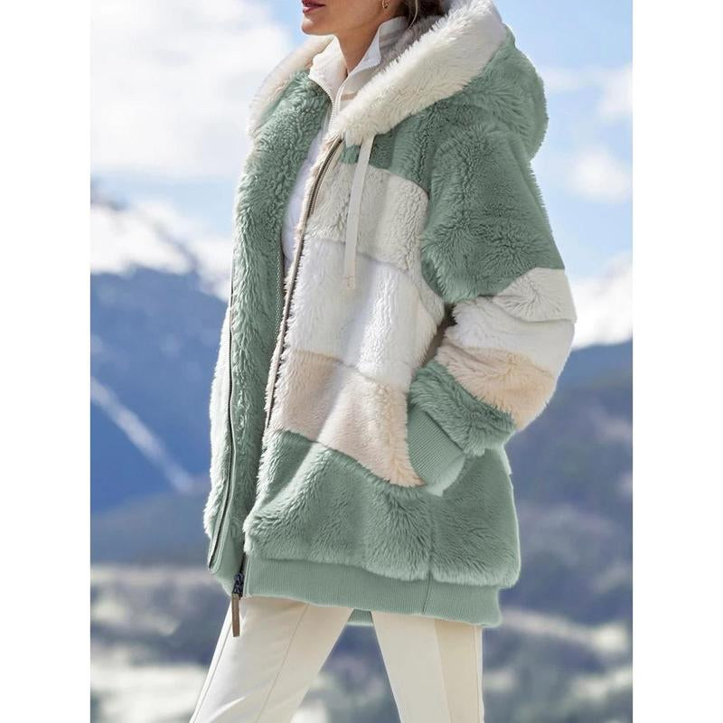2021 Autumn Winter Warm Plush Patchwork Zipper Pocket Hooded Loose Coat for Women