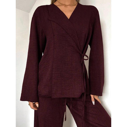Elevate Your Office Style with Our Chic Wine Red Two-Piece Blazer and Pants Set for Women - Perfect for Autumn and Family Matching!