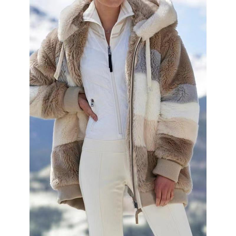 2021 Autumn Winter Warm Plush Patchwork Zipper Pocket Hooded Loose Coat for Women