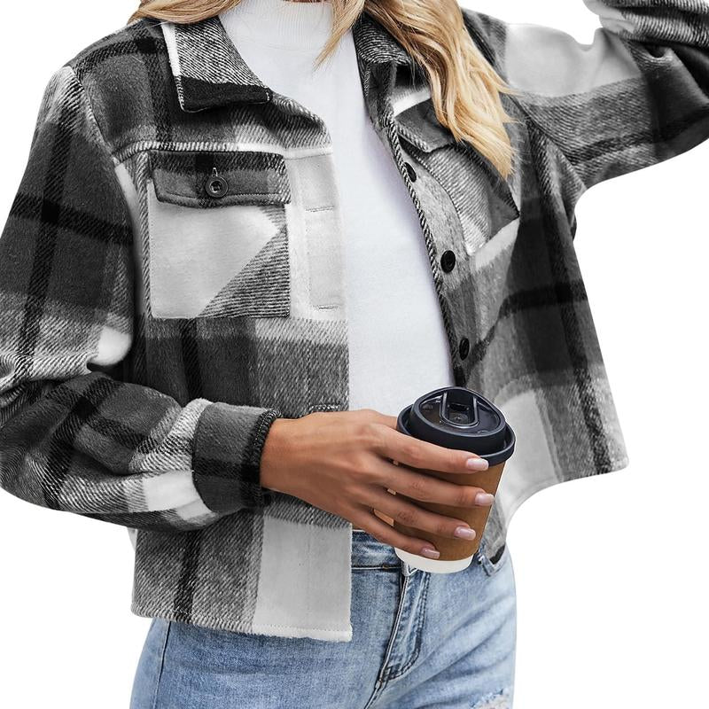 Trendy Cropped Plaid Shacket for Women - Fashion-Forward Button-Down Jacket for Fall 2025