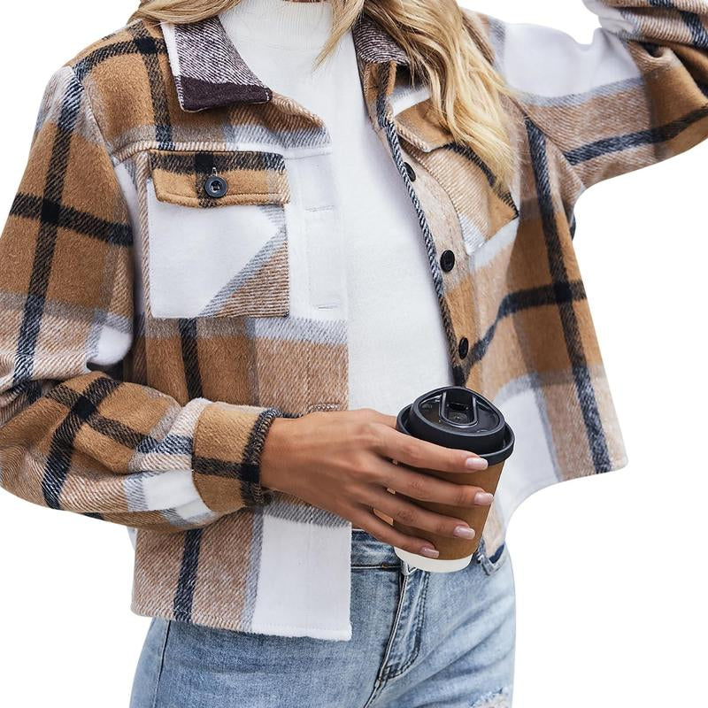 Trendy Cropped Plaid Shacket for Women - Fashion-Forward Button-Down Jacket for Fall 2025