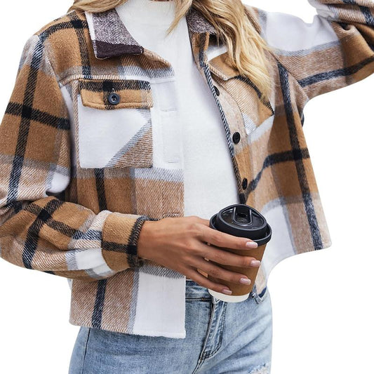 Trendy Cropped Plaid Shacket for Women - Fashion-Forward Button-Down Jacket for Fall 2025