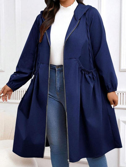 Stilig plus size ensfarget longline kåpe - Perfekt casual åpen front yttertøy for høst og vinter