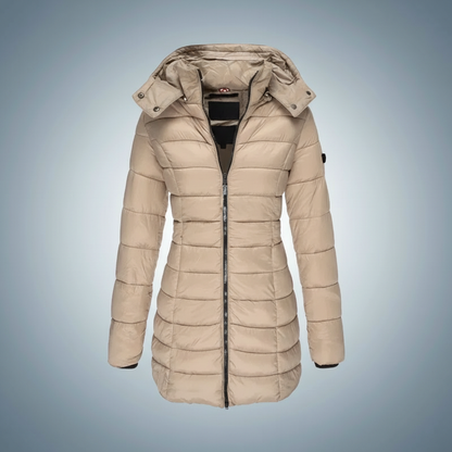 Beige dame vinterjakke parka med hette