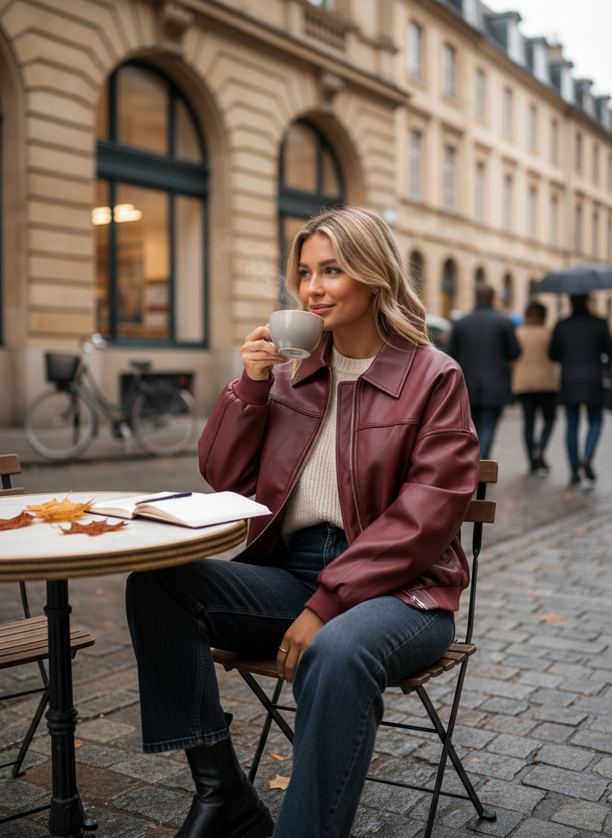 Bordeauxrode bomberjas casual setting