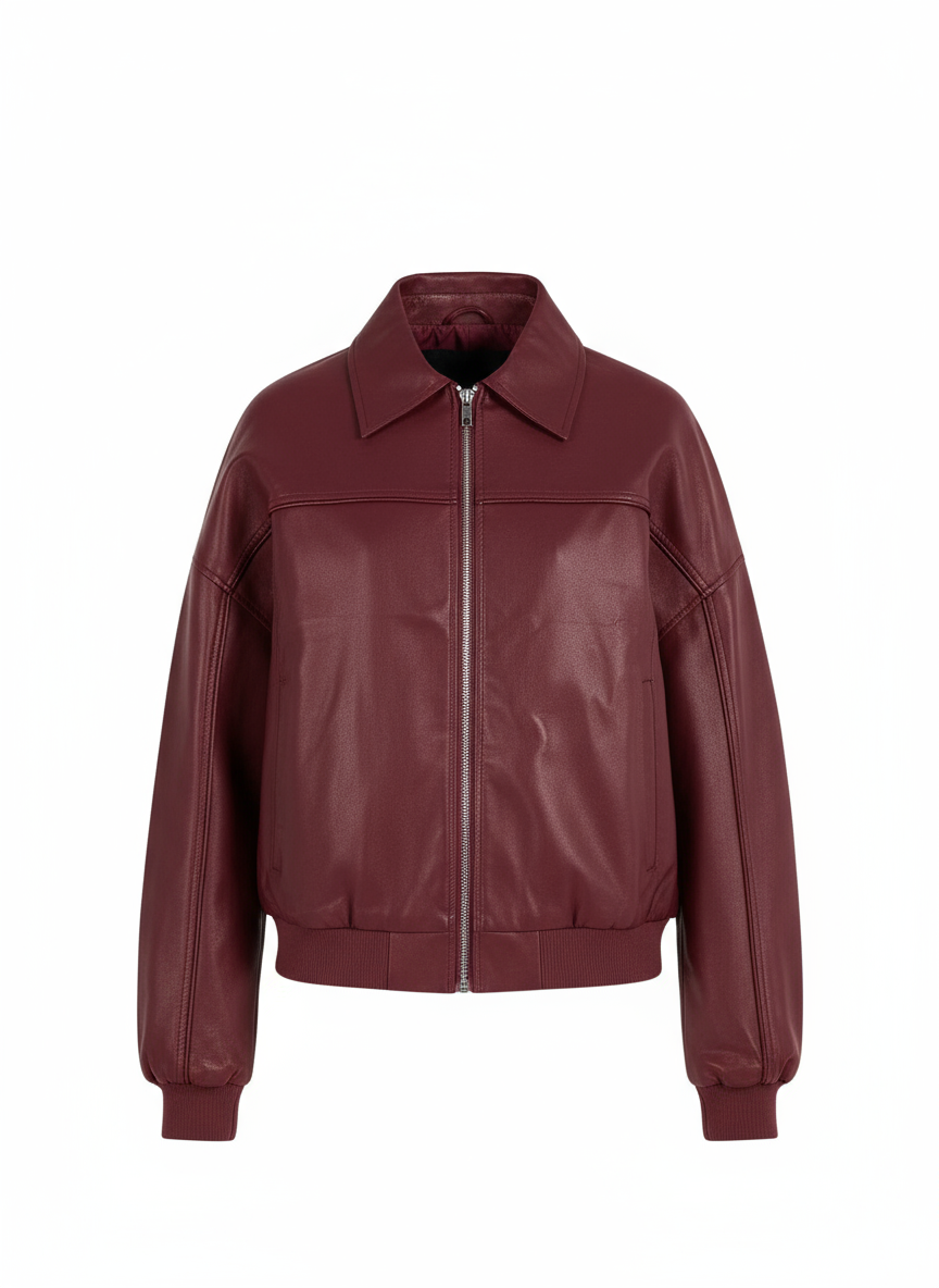 Bordeauxrode leren bomber jas