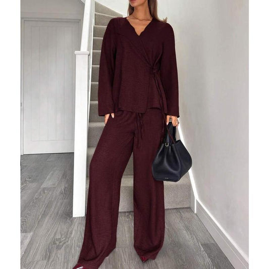 Elevate Your Office Style with Our Chic Wine Red Two-Piece Blazer and Pants Set for Women - Perfect for Autumn and Family Matching!