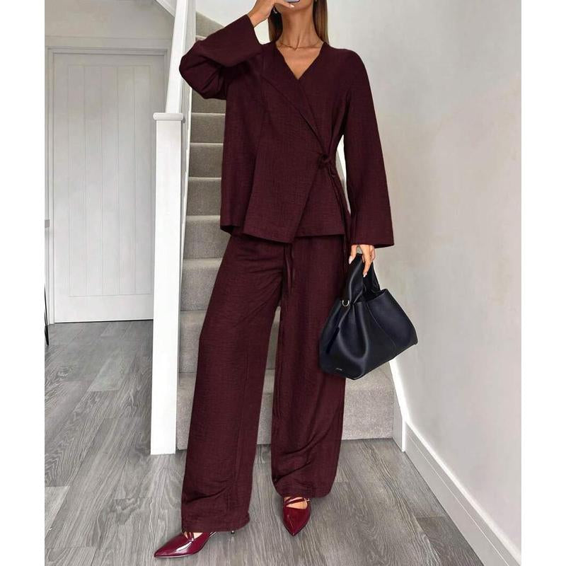 Elevate Your Office Style with Our Chic Wine Red Two-Piece Blazer and Pants Set for Women - Perfect for Autumn and Family Matching!