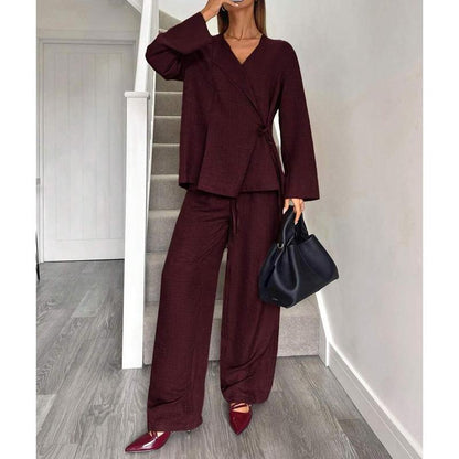 Elevate Your Office Style with Our Chic Wine Red Two-Piece Blazer and Pants Set for Women - Perfect for Autumn and Family Matching!
