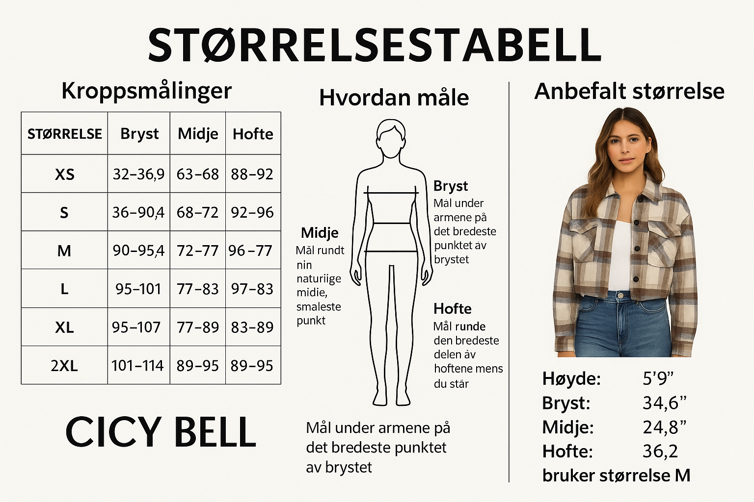 CICY BELL Størrelsestabell for Cropped Plaid Shacket