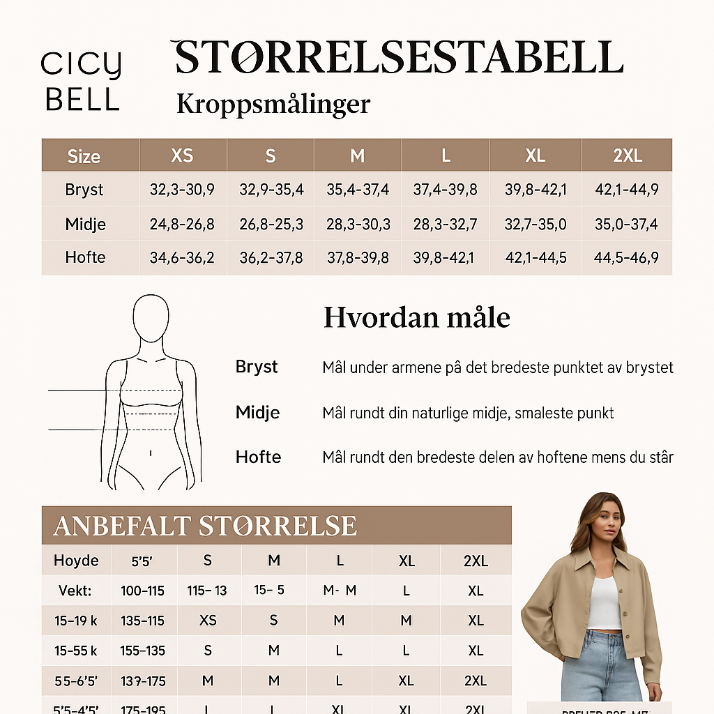 CICY BELL Størrelsestabell på Norsk