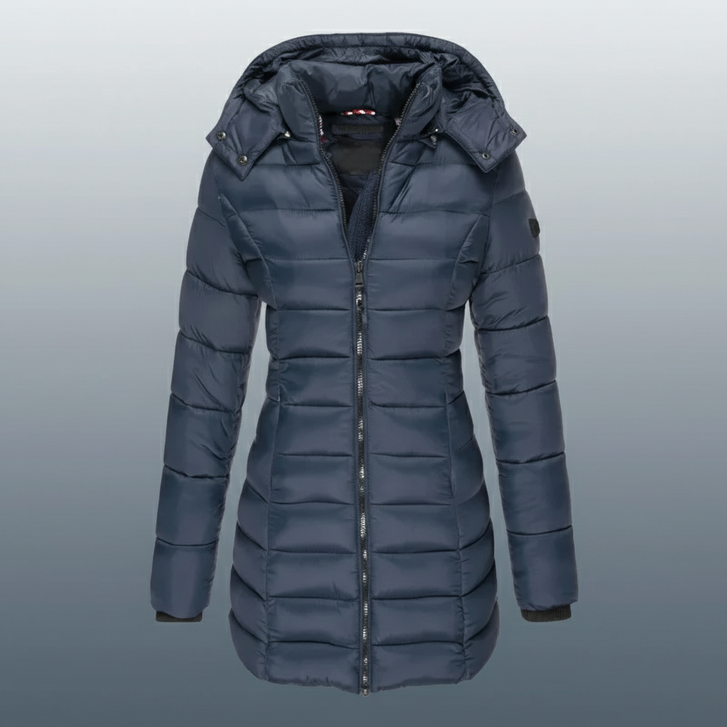 Mørkeblå dame vinterjakke parka med hette