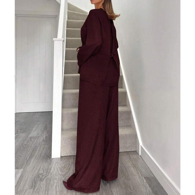 Elevate Your Office Style with Our Chic Wine Red Two-Piece Blazer and Pants Set for Women - Perfect for Autumn and Family Matching!