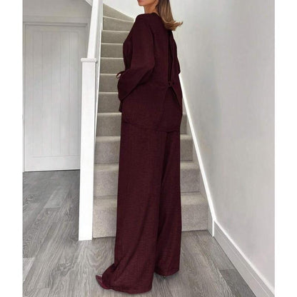 Elevate Your Office Style with Our Chic Wine Red Two-Piece Blazer and Pants Set for Women - Perfect for Autumn and Family Matching!
