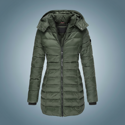 Olivengrønn dame vinterjakke parka med hette
