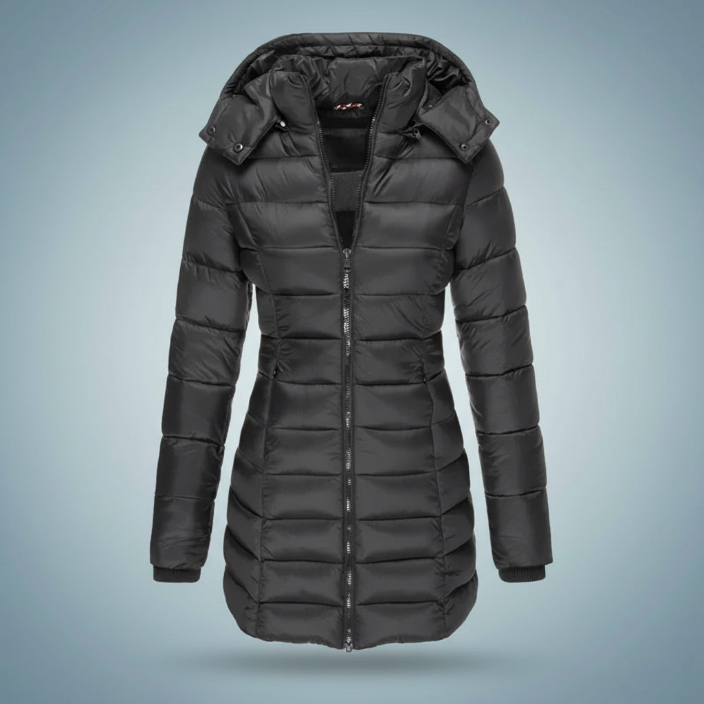 Svart dame vinterjakke parka med hette